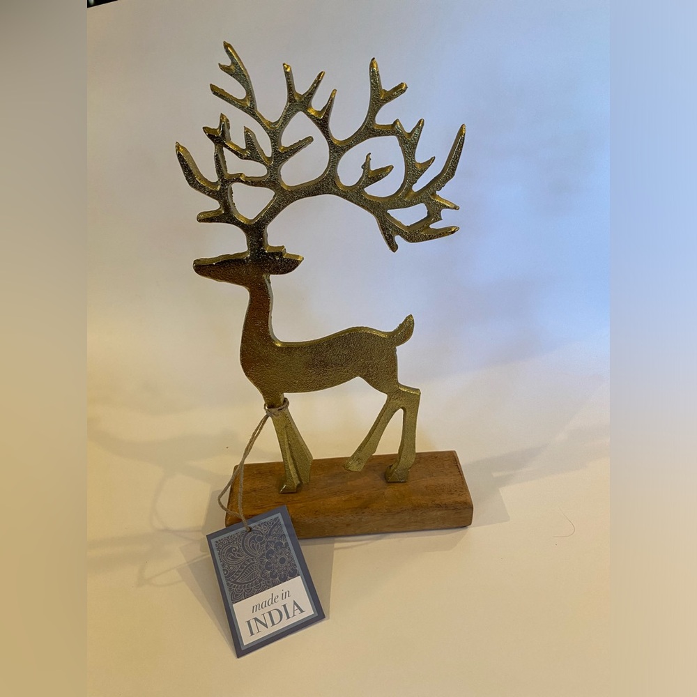 Gold Metal Reindeer Figurine on Wood Base Antique Brass-Tone Stag Statue